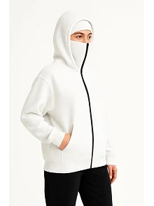 Kadın Samuray Ninja Çift Kapüşonlu Maske Detaylı 3 İplik Hoodie - Beyaz