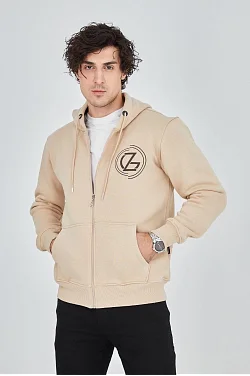 Erkek 3 İplik Pamuklu Fermuarlı Kapüşonlu Kanguru Cepli Baskılı Hoodie Hırka Sweatshirt - Bej
