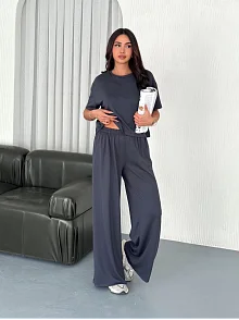 Kadın Osy Modal Bisiklet Yaka Tişört Bol Paça Pantolon İkili Takım - Antrasit