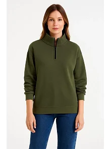 Kadın 3 İplik Dık Yaka Yarım Fermuarlı Sweatshirt - Haki