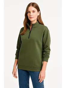 Kadın 3 İplik Dık Yaka Yarım Fermuarlı Sweatshirt - Haki Kadın 3 İplik Dık Yaka Yarım Fermuarlı Sweatshirt - Haki