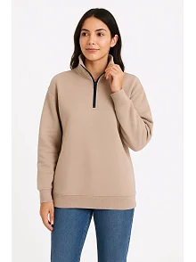 Kadın 3 İplik Dık Yaka Yarım Fermuarlı Sweatshirt - Bej