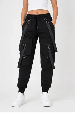 Kadın Techwear Şerit Aksesuarlı Ön Kapak Cep Detaylı Jogger Eşofman Altı - Siyah
