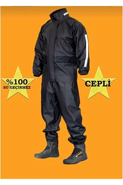 Erkek Motorcu Cepli Kurye Su Gecirmez Yağmurluk Takım - Siyah