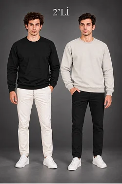Erkek 2'li Bisiklet Yaka İçi Şardonlu 2 İplik Düz Uzun Kollu Regular Fit Sweatshirt - Siyah & Gri