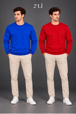 Erkek 2'li Bisiklet Yaka İçi Şardonlu 2 İplik Düz Uzun Kollu Regular Fit Sweatshirt - Mavi & Kırmızı