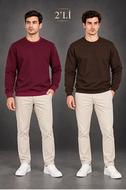 Erkek 2'li Bisiklet Yaka İçi Şardonlu 2 İplik Düz Uzun Kollu Regular Fit Sweatshirt -bordo & Kahverengi