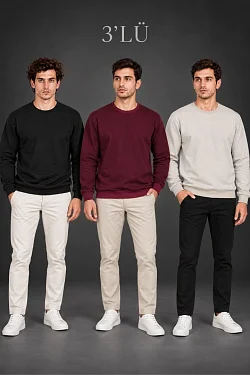 Erkek 3'lü Bisiklet Yaka İçi Şardonlu 2 İplik Düz Uzun Kollu Regular Fit Sweatshirt - Siyah - Bordo - Gri