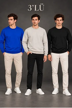 Erkek 3'lü Bisiklet Yaka İçi Şardonlu 2 İplik Düz Uzun Kollu Regular Fit Sweatshirt -mavi - Gri - Siyah