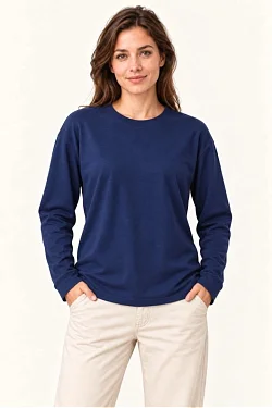 Kadın Modal Yumuşak Dokulu Bisiklet Yaka Uzun Kollu Tişört Sweatshirt - Lacivert