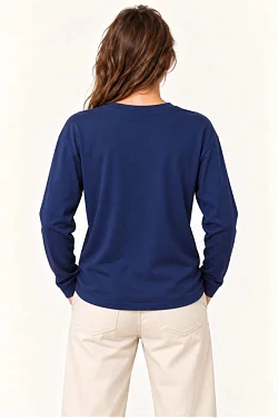 Kadın Modal Yumuşak Dokulu Bisiklet Yaka Uzun Kollu Tişört Sweatshirt - Lacivert