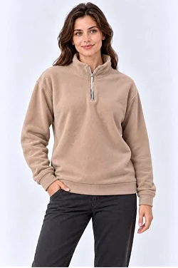 Kadın Polar Dik Yaka Yarım Fermuarlı Uzun Kollu Regular Fit Kışlık Sweatshirt - Bej