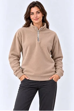 Kadın Polar Dik Yaka Yarım Fermuarlı Uzun Kollu Regular Fit Kışlık Sweatshirt - Bej