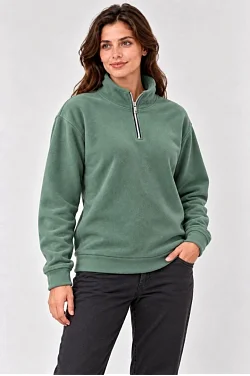 Kadın Polar Dik Yaka Yarım Fermuarlı Uzun Kollu Regular Fit Kışlık Sweatshirt - Mint Yeşili