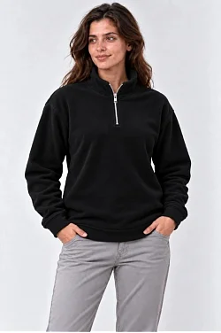 Kadın Polar Dik Yaka Yarım Fermuarlı Uzun Kollu Regular Fit Kışlık Sweatshirt - Siyah