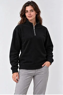 Kadın Polar Dik Yaka Yarım Fermuarlı Uzun Kollu Regular Fit Kışlık Sweatshirt - Siyah