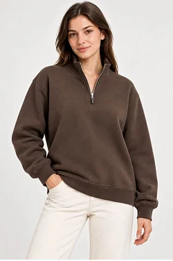 Kadın Üç İplik İçi Şardonlu Dik Yaka Yarım Fermuarlı Kışlık Sweatshirt - Kahverengi