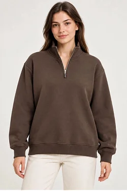 Kadın Üç İplik İçi Şardonlu Dik Yaka Yarım Fermuarlı Kışlık Sweatshirt - Kahverengi