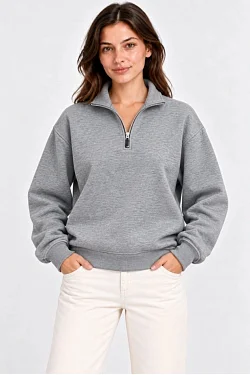 Kadın Üç İplik İçi Şardonlu Dik Yaka Yarım Fermuarlı Kışlık Sweatshirt - Gri