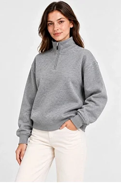 Kadın Üç İplik İçi Şardonlu Dik Yaka Yarım Fermuarlı Kışlık Sweatshirt - Gri