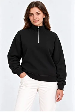 Kadın Üç İplik İçi Şardonlu Dik Yaka Yarım Fermuarlı Kışlık Sweatshirt - Siyah