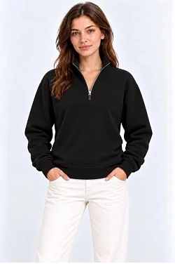 Kadın Üç İplik İçi Şardonlu Dik Yaka Yarım Fermuarlı Kışlık Sweatshirt - Siyah