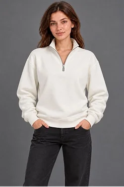 Kadın Üç İplik İçi Şardonlu Dik Yaka Yarım Fermuarlı Kışlık Sweatshirt - Beyaz