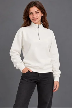 Kadın Üç İplik İçi Şardonlu Dik Yaka Yarım Fermuarlı Kışlık Sweatshirt - Beyaz