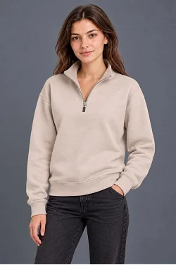 Kadın Üç İplik İçi Şardonlu Dik Yaka Yarım Fermuarlı Kışlık Sweatshirt - Bej