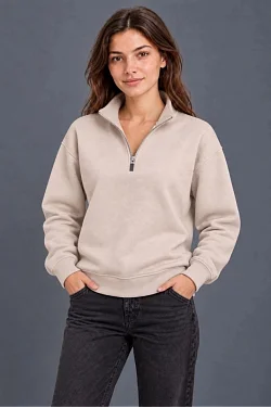 Kadın Üç İplik İçi Şardonlu Dik Yaka Yarım Fermuarlı Kışlık Sweatshirt - Bej