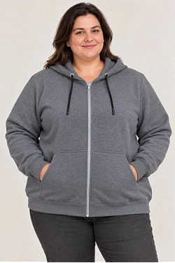 Kadın Battal Büyük Beden Üç İplik İçi Şardonlu Kapüşonlu Tam Fermuarlı Kışlık Sweatshirt - Füme