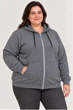 Kadın Battal Büyük Beden Üç İplik İçi Şardonlu Kapüşonlu Tam Fermuarlı Kışlık Sweatshirt - Füme