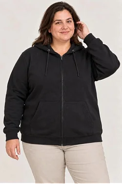 Kadın Battal Büyük Beden Üç İplik İçi Şardonlu Kapüşonlu Tam Fermuarlı Kışlık Sweatshirt - Siyah