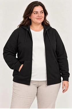 Kadın Battal Büyük Beden Üç İplik İçi Şardonlu Kapüşonlu Tam Fermuarlı Kışlık Sweatshirt - Siyah