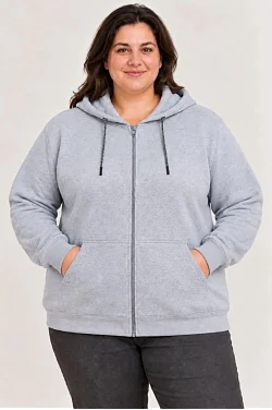 Kadın Battal Büyük Beden Üç İplik İçi Şardonlu Kapüşonlu Tam Fermuarlı Kışlık Sweatshirt - Gri