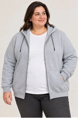 Kadın Battal Büyük Beden Üç İplik İçi Şardonlu Kapüşonlu Tam Fermuarlı Kışlık Sweatshirt - Gri