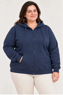 Kadın Battal Büyük Beden Üç İplik İçi Şardonlu Kapüşonlu Tam Fermuarlı Kışlık Sweatshirt - Lacivert