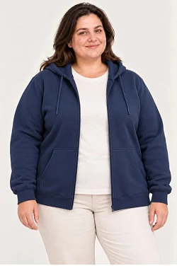 Kadın Battal Büyük Beden Üç İplik İçi Şardonlu Kapüşonlu Tam Fermuarlı Kışlık Sweatshirt - Lacivert