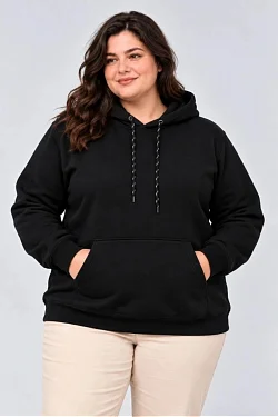 Kadın Battal Büyük Beden Üç İplik İçi Şardonlu Kapüşonlu Kanguru Cepli Kışlık Sweatshirt - Siyah