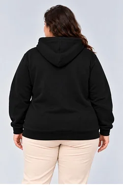 Kadın Battal Büyük Beden Üç İplik İçi Şardonlu Kapüşonlu Kanguru Cepli Kışlık Sweatshirt - Siyah