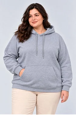 Kadın Battal Büyük Beden Üç İplik İçi Şardonlu Kapüşonlu Kanguru Cepli Kışlık Sweatshirt - Gri