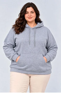 Kadın Battal Büyük Beden Üç İplik İçi Şardonlu Kapüşonlu Kanguru Cepli Kışlık Sweatshirt - Gri