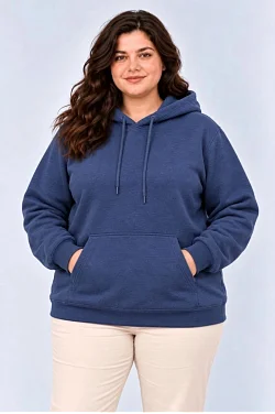 Kadın Battal Büyük Beden Üç İplik İçi Şardonlu Kapüşonlu Kanguru Cepli Kışlık Sweatshirt - Lacivert