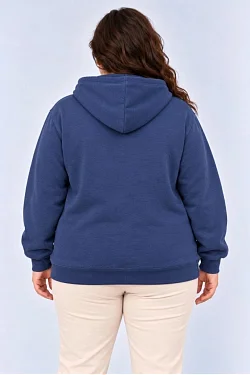 Kadın Battal Büyük Beden Üç İplik İçi Şardonlu Kapüşonlu Kanguru Cepli Kışlık Sweatshirt - Lacivert