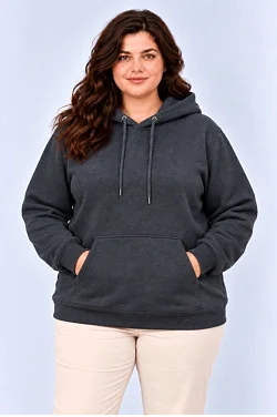 Kadın Battal Büyük Beden Üç İplik İçi Şardonlu Kapüşonlu Kanguru Cepli Kışlık Sweatshirt - Füme
