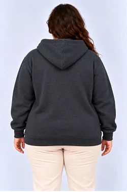 Kadın Battal Büyük Beden Üç İplik İçi Şardonlu Kapüşonlu Kanguru Cepli Kışlık Sweatshirt - Füme
