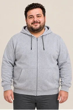 Erkek Battal Büyük Beden Üç İplik İçi Şardonlu Kapüşonlu Tam Fermuarlı Kışlık Sweatshirt - Gri