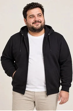 Erkek Battal Büyük Beden Üç İplik İçi Şardonlu Kapüşonlu Tam Fermuarlı Kışlık Sweatshirt - Siyah