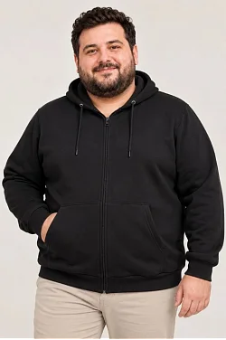 Erkek Battal Büyük Beden Üç İplik İçi Şardonlu Kapüşonlu Tam Fermuarlı Kışlık Sweatshirt - Siyah Erkek Battal Büyük Beden Üç İplik İçi Şardonlu Kapüşonlu Tam Fermuarlı Kışlık Sweatshirt - Siyah