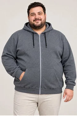 Erkek Battal Büyük Beden Üç İplik İçi Şardonlu Kapüşonlu Tam Fermuarlı Kışlık Sweatshirt - Füme